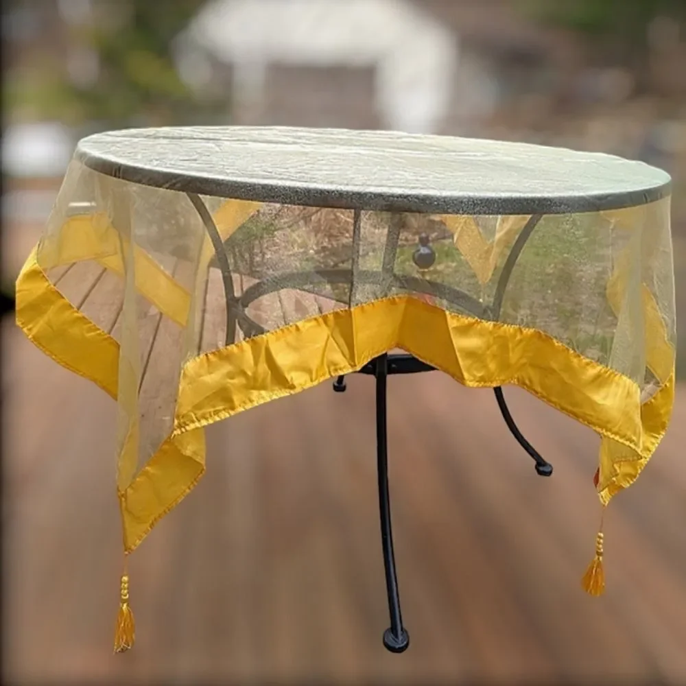 Golden Yellow Organza Tassel Trimmed Sheer Square Tablecloth 54